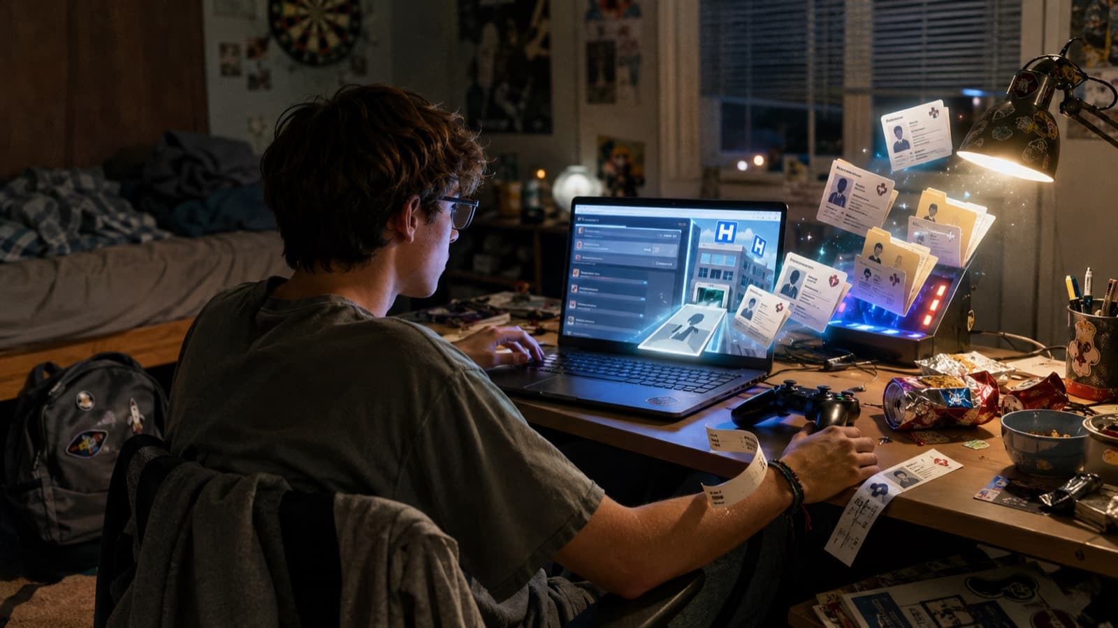 Un adolescent, la nuit dans sa chambre, devant un ordinateur portable d'où s'échappent des fiches de patients et des icônes d'hôpital