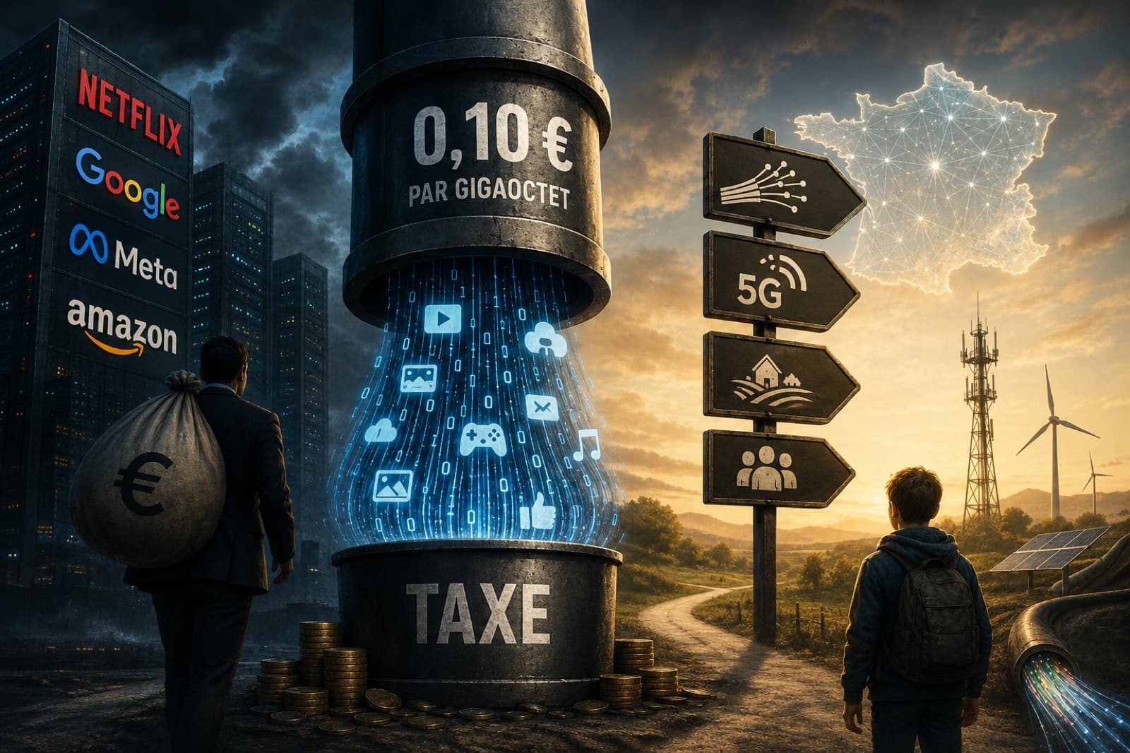 Une taxe géante marquée « 0,10 € par gigaoctet » aspire des contenus numériques face aux tours Netflix, Google, Meta et Amazon, tandis qu'un enfant regarde une pancarte fibre / 5G vers une France connectée