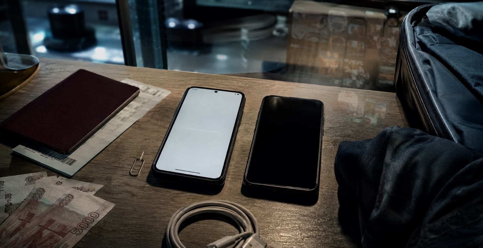 Deux téléphones, un passeport, des roubles et une carte SIM posés sur une table : préparer son matériel avant un voyage en Russie