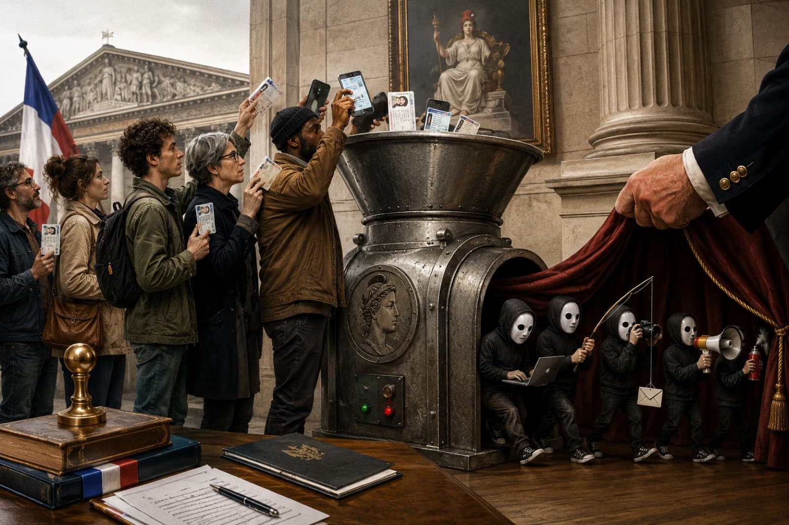 Devant l'Assemblée nationale, une file de citoyens glissent leurs cartes d'identité et leurs smartphones dans une grande machine industrielle ; à droite, une main officielle soulève un rideau rouge et découvre de petites figures masquées et anonymes cachées dessous, avec ordinateur, appareil photo et porte-voix.