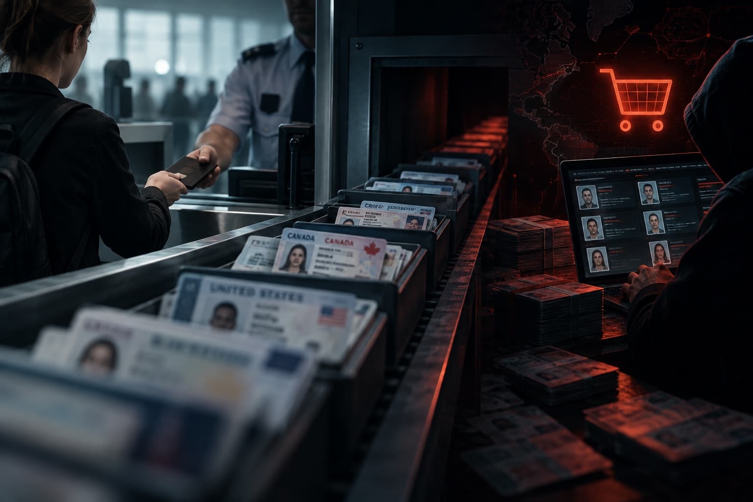 À un comptoir d'aéroport, une voyageuse tend son document à un agent en uniforme, tandis qu'un long tapis roulant chargé de permis de conduire américains et canadiens file vers une zone sombre éclairée de rouge, où des mains parcourent sur un écran une grille de photos d'identité sous une icône de panier d'achat.