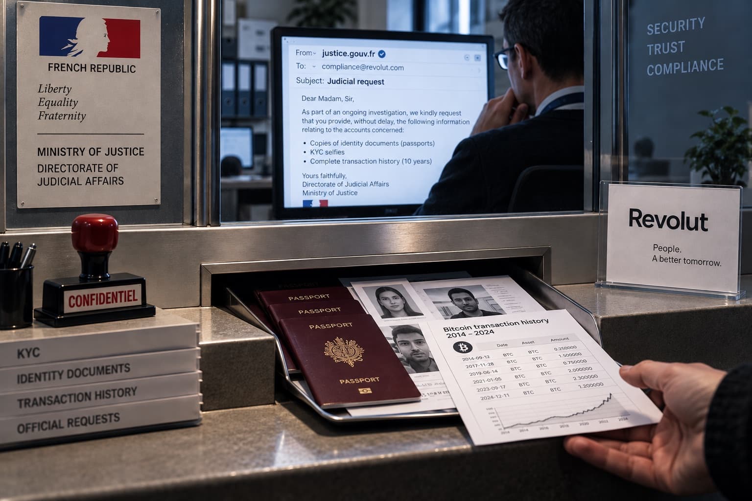 A glazed administrative counter, an ink stamp resting on the desk, with passports and bank statements sliding out towards an anonymous hand, while behind the glass an employee reads an email on his screen.
