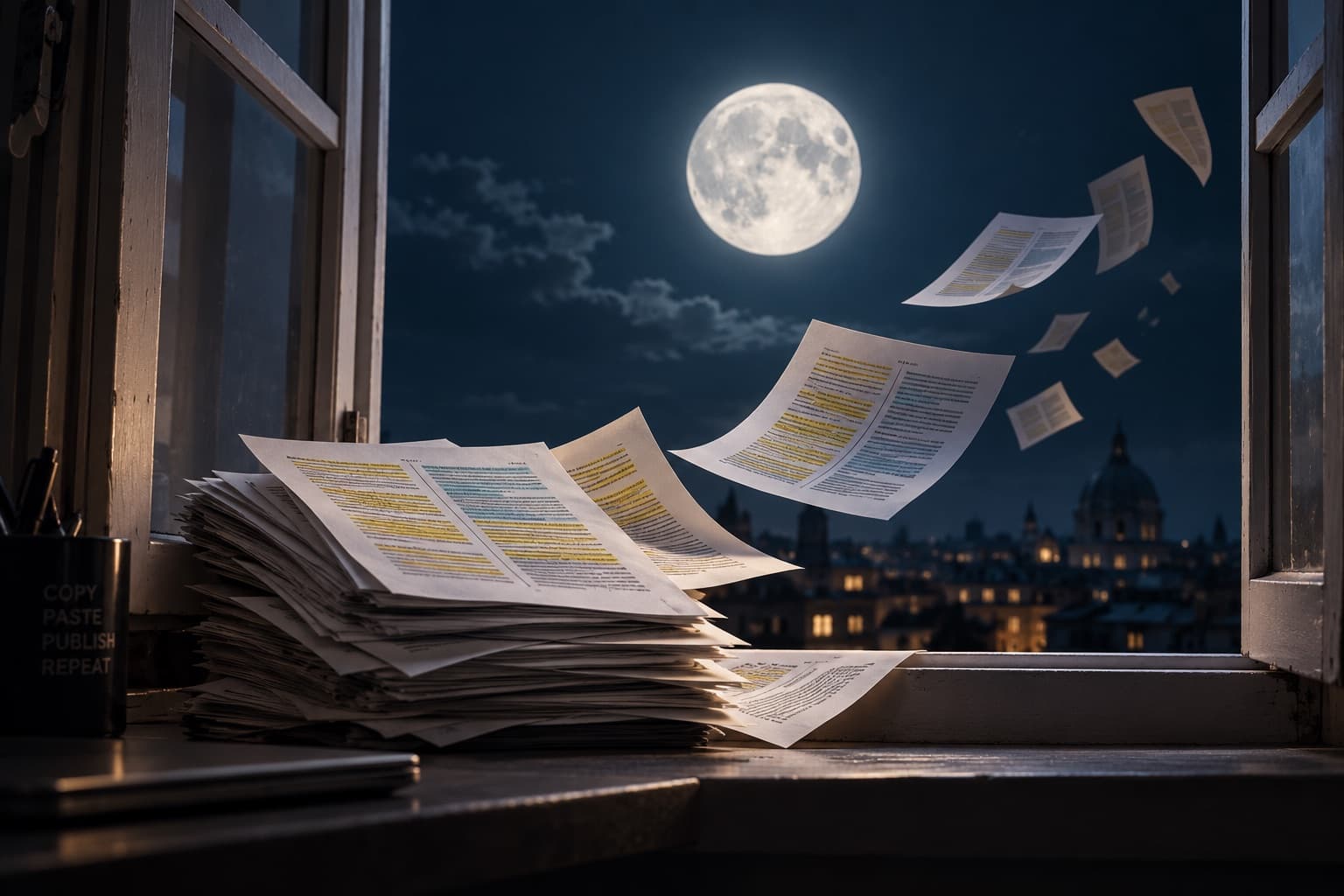 Une fenêtre ouverte sur une nuit claire, une pleine lune au centre du cadre, et sur le rebord intérieur une pile de feuillets dont certains s'envolent, couverts de deux colonnes de texte surlignées côte à côte.