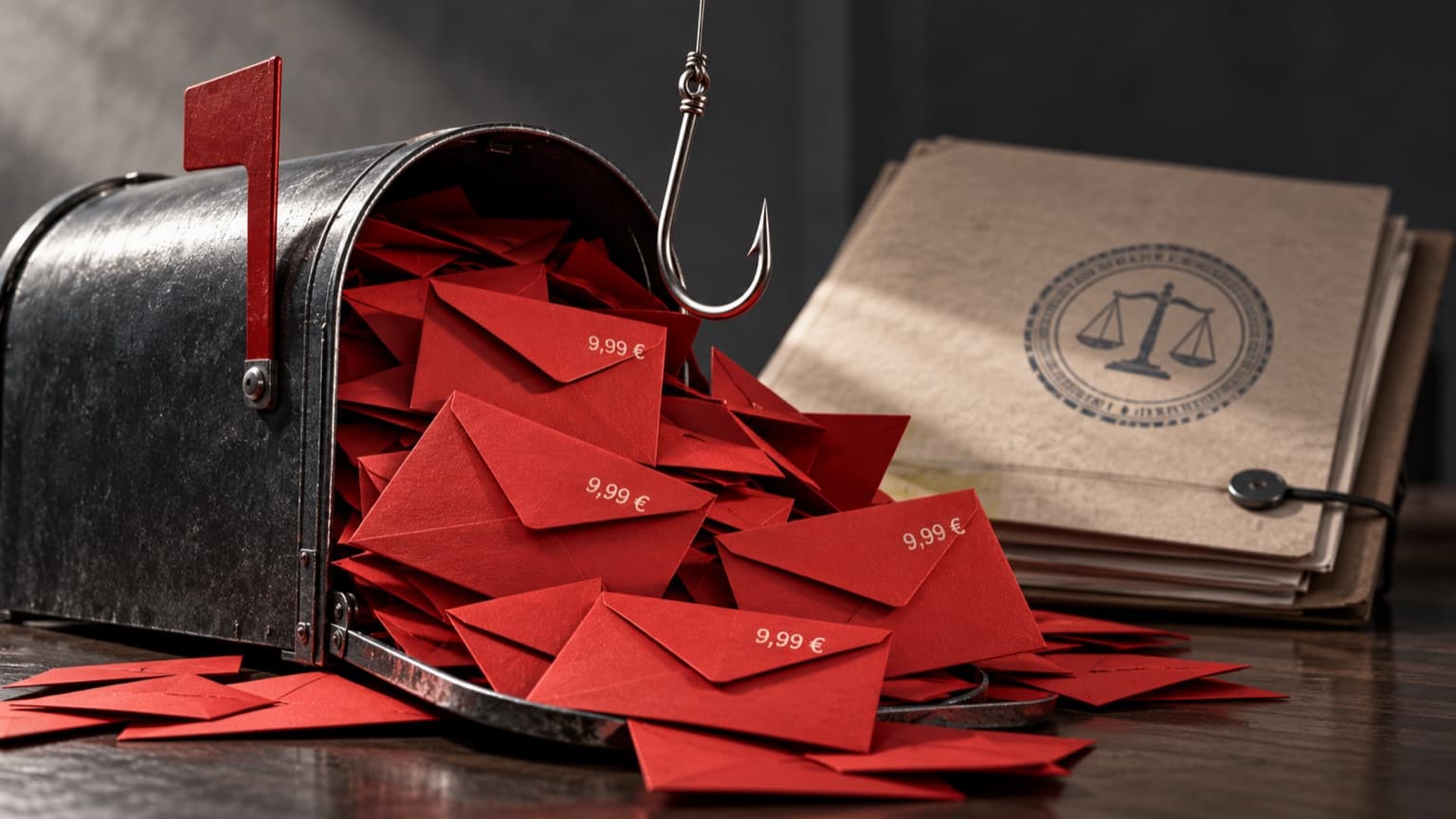 Un hameçon métallique suspendu à une ligne au-dessus d'une boîte aux lettres débordant d'enveloppes rouges marquées d'un montant de 9,99 euros, tandis qu'au second plan un dossier administratif fermé porte un tampon officiel.