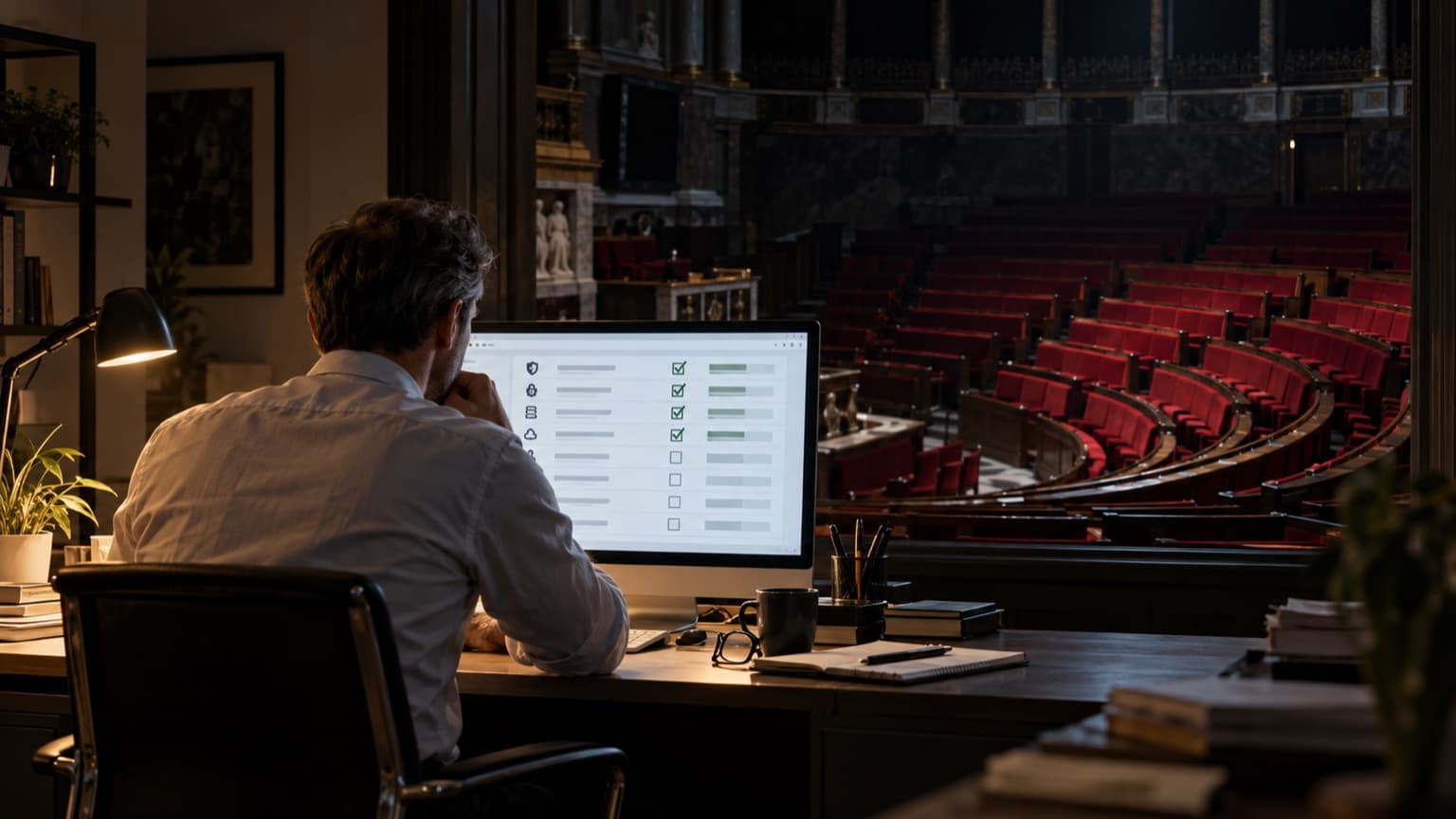 Un hémicycle vide aux sièges rouges plongé dans la pénombre, tandis qu'au premier plan, dans un bureau de PME éclairé, un dirigeant en chemise regarde un écran affichant un tableau de contrôles de sécurité à moitié rempli.
