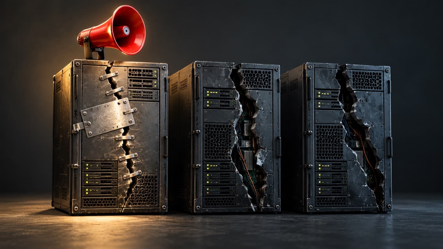 Three cracked servers against a dark background. Only the one topped with a red megaphone has been repaired, the other two remain gaping open.