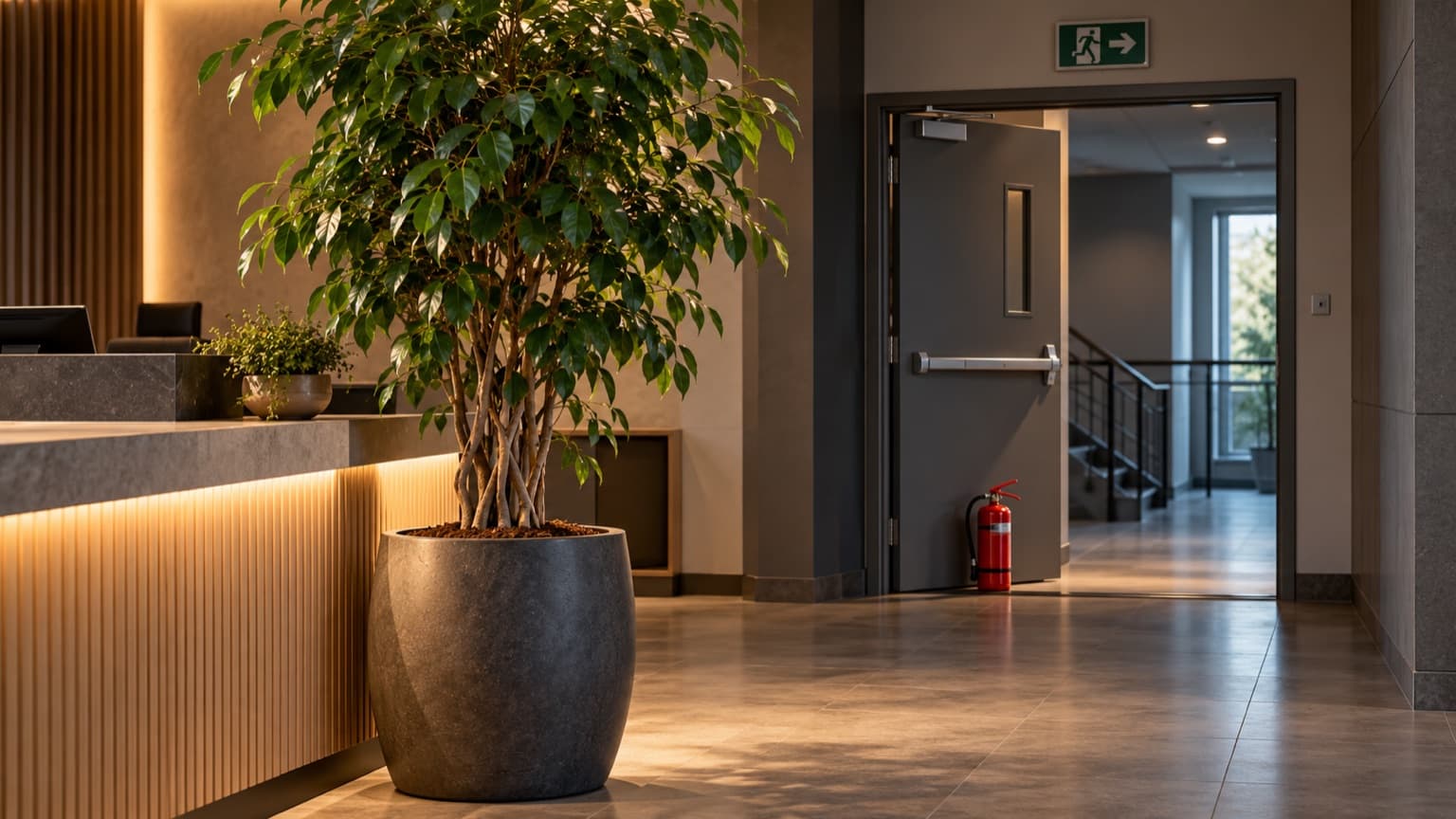 Dans le hall d'accueil d'une entreprise, un grand ficus en pot trône près du comptoir de réception, tandis qu'au fond une porte coupe-feu est maintenue ouverte par un extincteur posé au sol, sous un panneau de sortie de secours éteint.