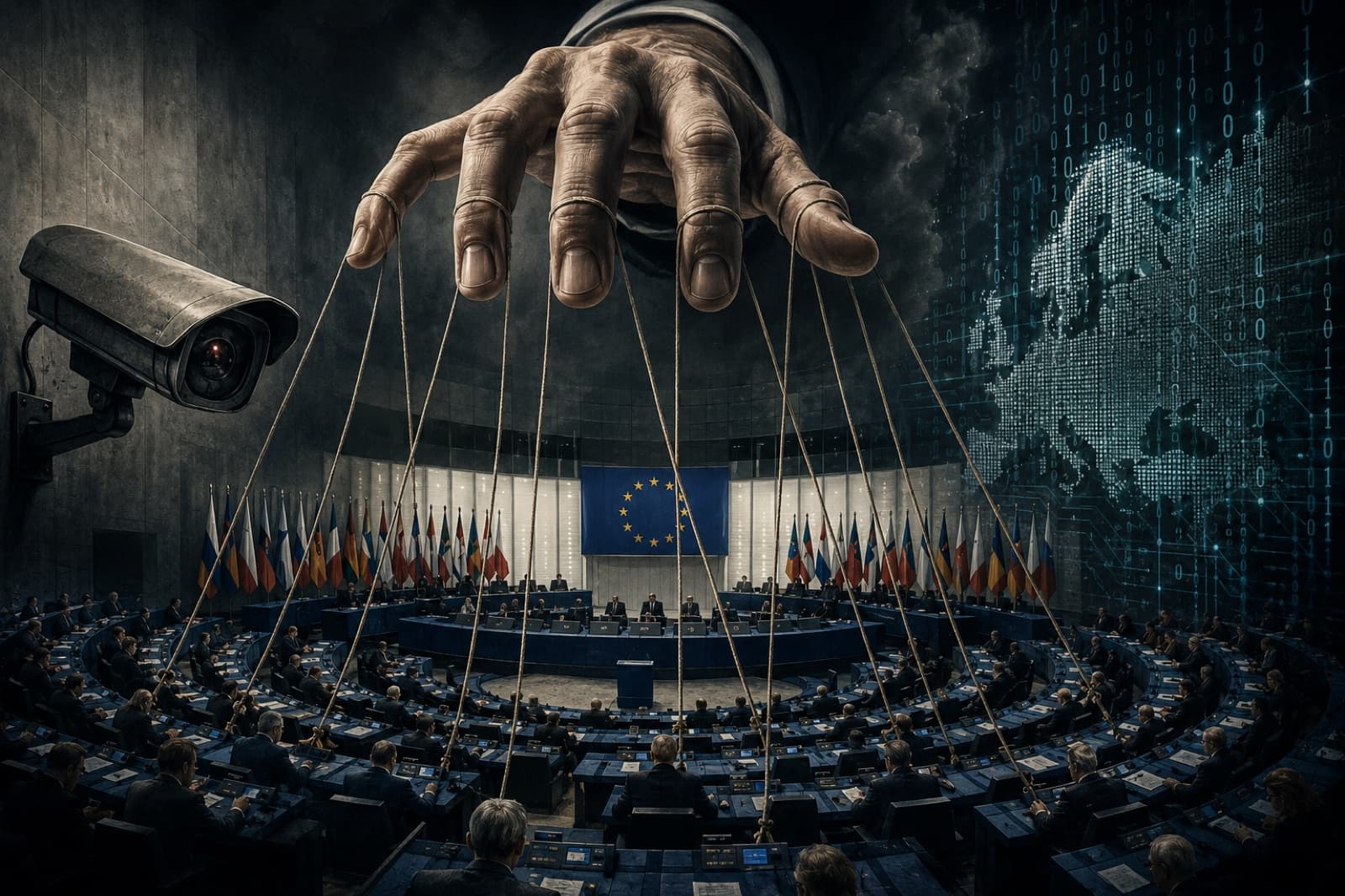 A giant hand holds puppet strings over the chamber of the European Parliament, with a surveillance camera and a map of Europe rendered in binary data