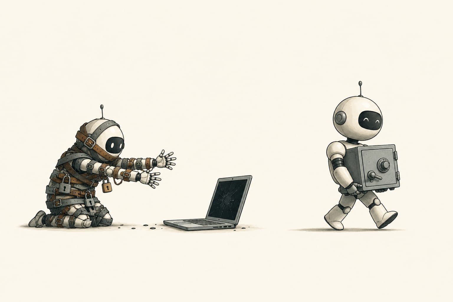 Two AI robots: on the left, the defender bound in straps and padlocks reaches helplessly toward a laptop with a cracked screen; on the right, the attacker strolls away carrying a safe.