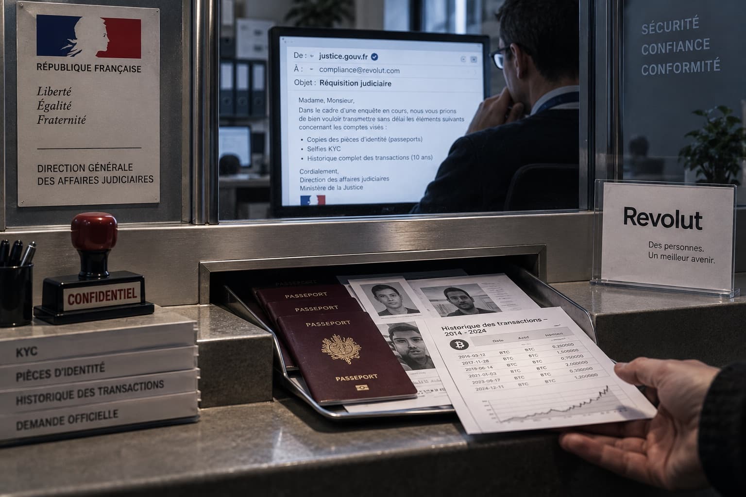 Un guichet administratif vitré, tampon encreur posé sur le comptoir, d'où sortent des passeports et des relevés bancaires vers une main anonyme, tandis que derrière la vitre un employé lit un e-mail sur son écran.